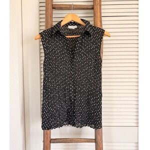 Le Grange Black Polka Dot Sleeveless Pleated Blouse Top L